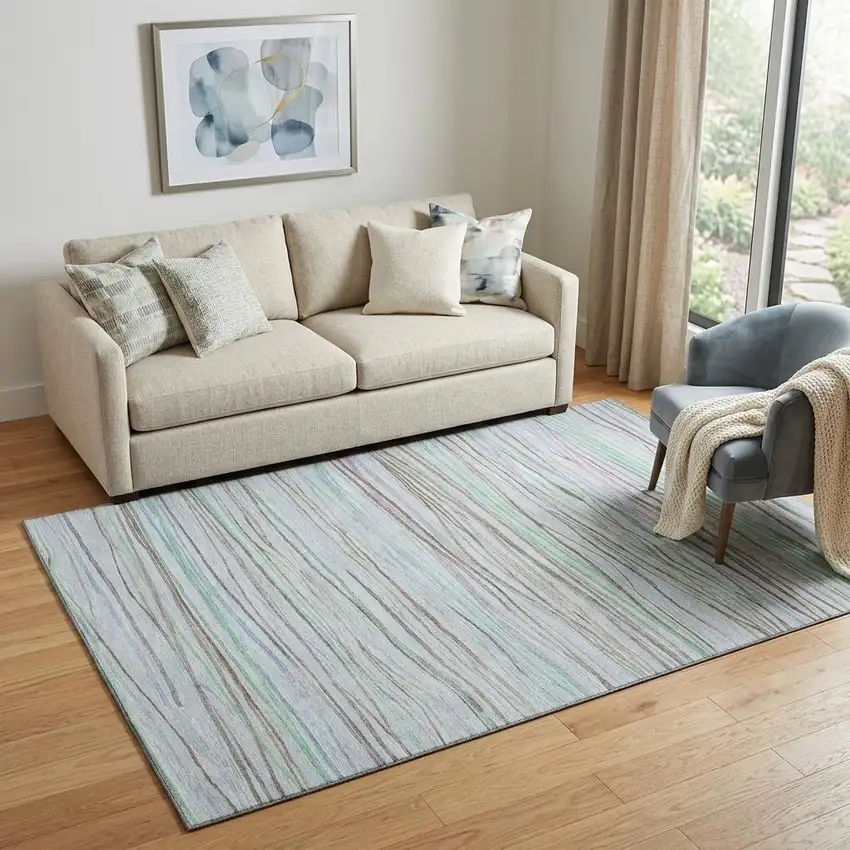 Sky Blue Green And Purple Striped Washable Area Rug With UV Protection Photo 1