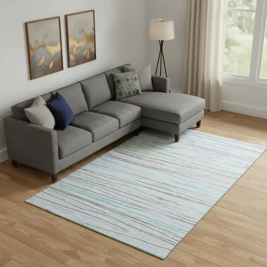 Sky Blue Green And Purple Striped Washable Area Rug With UV Protection Photo 2