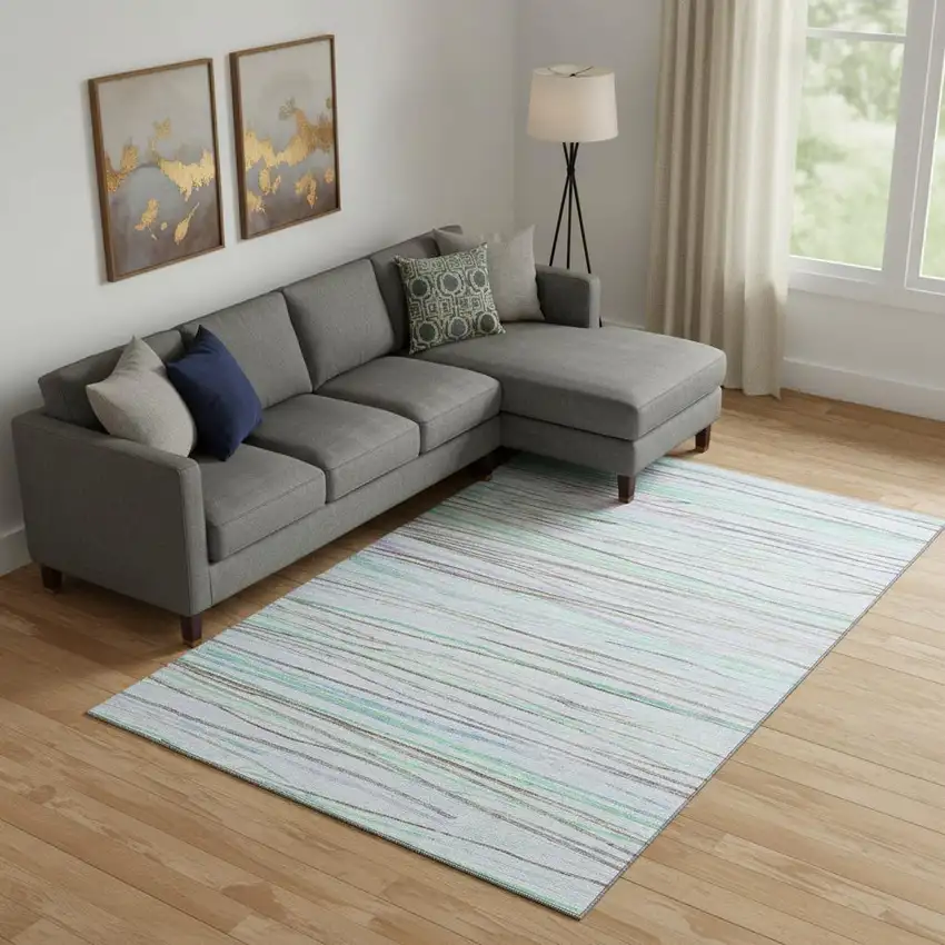 Sky Blue Green And Purple Striped Washable Area Rug With UV Protection Photo 2