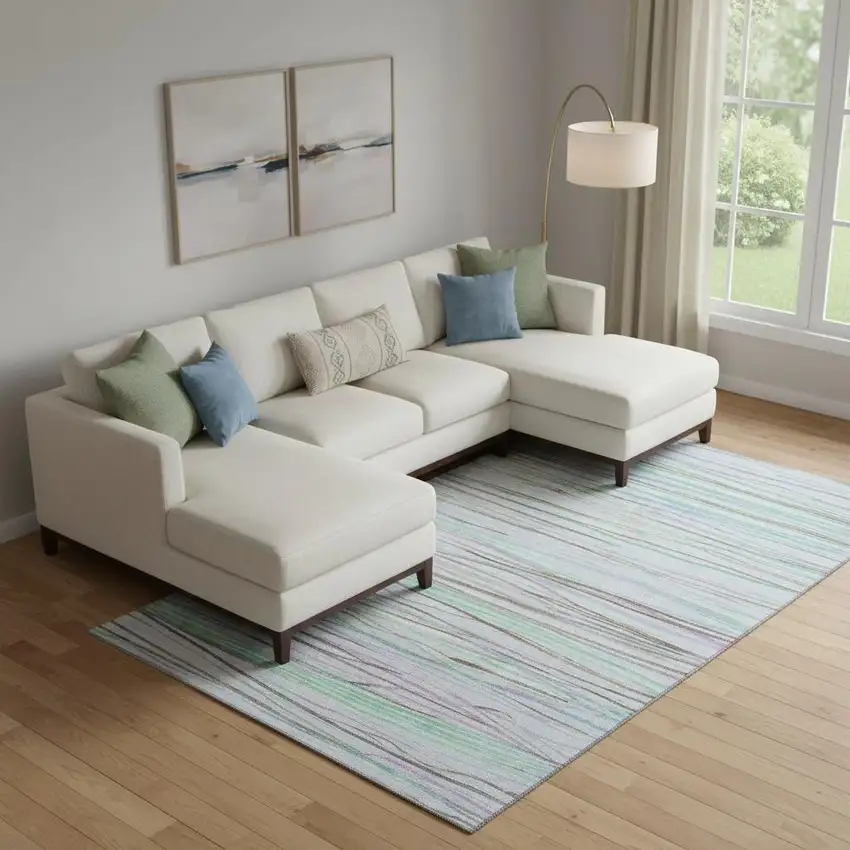 Sky Blue Green And Purple Striped Washable Area Rug With UV Protection Photo 2