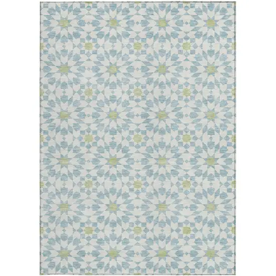 Sky Blue Ivory And Artichoke Green Floral Medallion Washable Indoor Outdoor Area Rug Photo 6