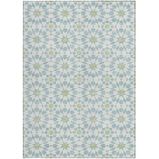 Sky Blue Ivory And Artichoke Green Floral Medallion Washable Indoor Outdoor Area Rug Photo 6