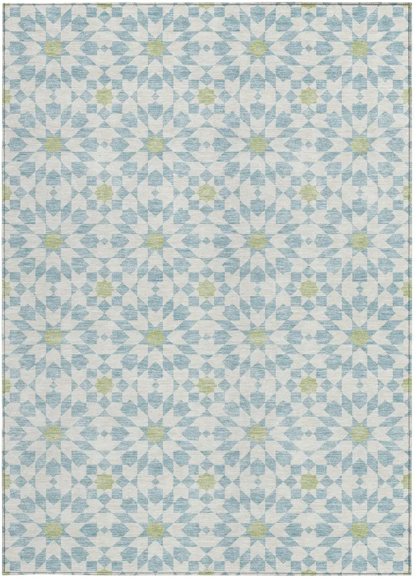 Sky Blue Ivory And Artichoke Green Floral Medallion Washable Indoor Outdoor Area Rug Photo 6