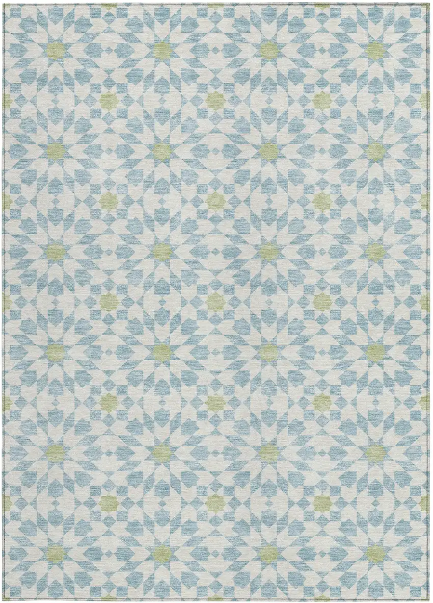 Sky Blue Ivory And Artichoke Green Floral Medallion Washable Indoor Outdoor Area Rug Photo 6