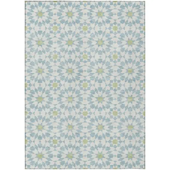 Sky Blue Ivory And Artichoke Green Floral Medallion Washable Indoor Outdoor Area Rug Photo 2