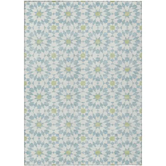 Sky Blue Ivory And Artichoke Green Floral Medallion Washable Indoor Outdoor Area Rug Photo 2