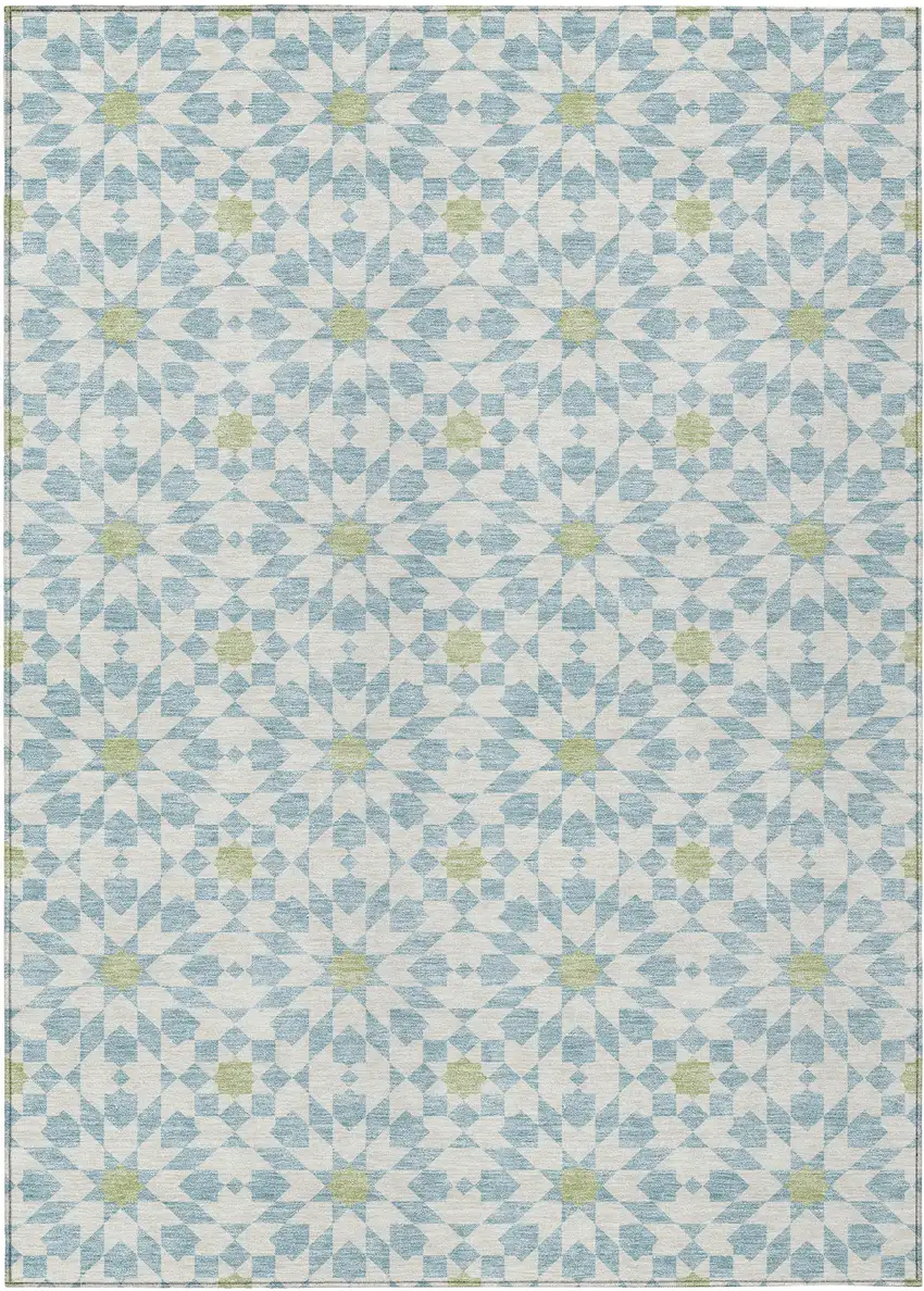 Sky Blue Ivory And Artichoke Green Floral Medallion Washable Indoor Outdoor Area Rug Photo 2
