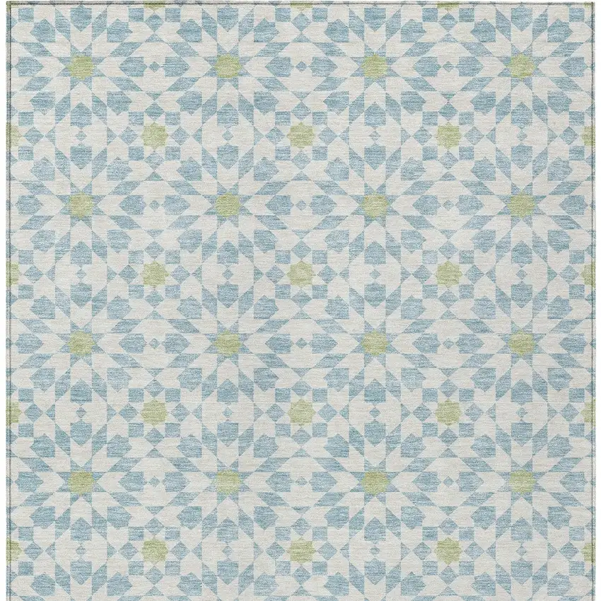 Sky Blue Ivory And Artichoke Green Floral Medallion Washable Indoor Outdoor Area Rug Photo 5