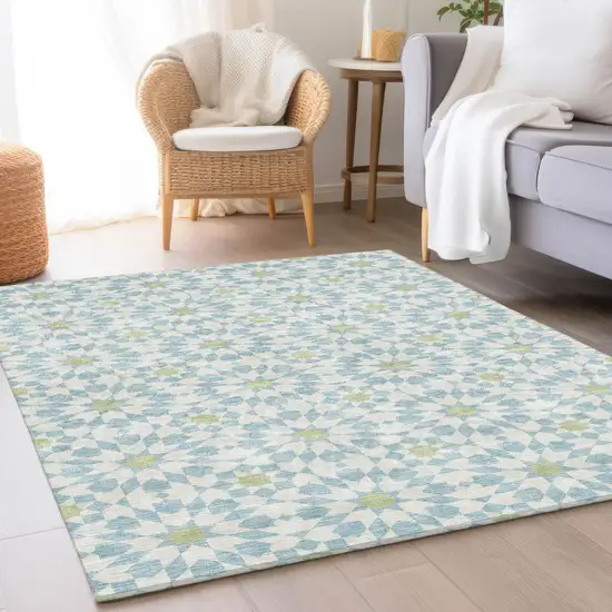 Sky Blue Ivory And Artichoke Green Floral Medallion Washable Indoor Outdoor Area Rug Photo 8