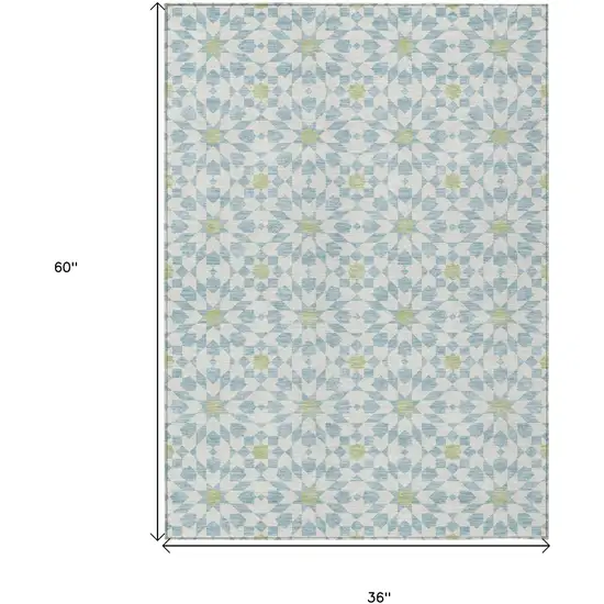 Sky Blue Ivory And Artichoke Green Floral Medallion Washable Indoor Outdoor Area Rug Photo 8
