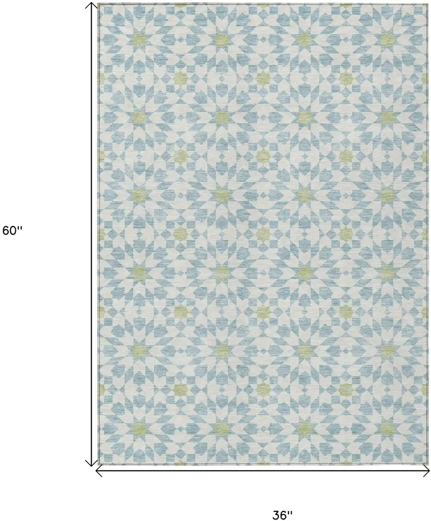 Sky Blue Ivory And Artichoke Green Floral Medallion Washable Indoor Outdoor Area Rug Photo 8