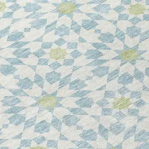 Photo of Sky Blue Ivory And Artichoke Green Floral Medallion Washable Indoor Outdoor Area Rug