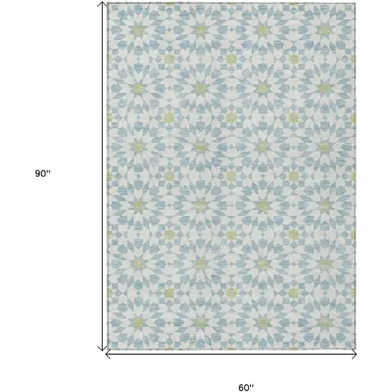 Sky Blue Ivory And Artichoke Green Floral Medallion Washable Indoor Outdoor Area Rug Photo 7