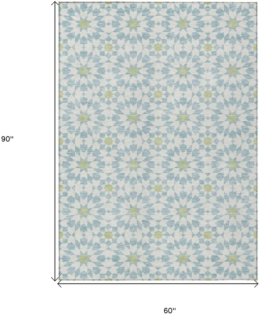 Sky Blue Ivory And Artichoke Green Floral Medallion Washable Indoor Outdoor Area Rug Photo 7
