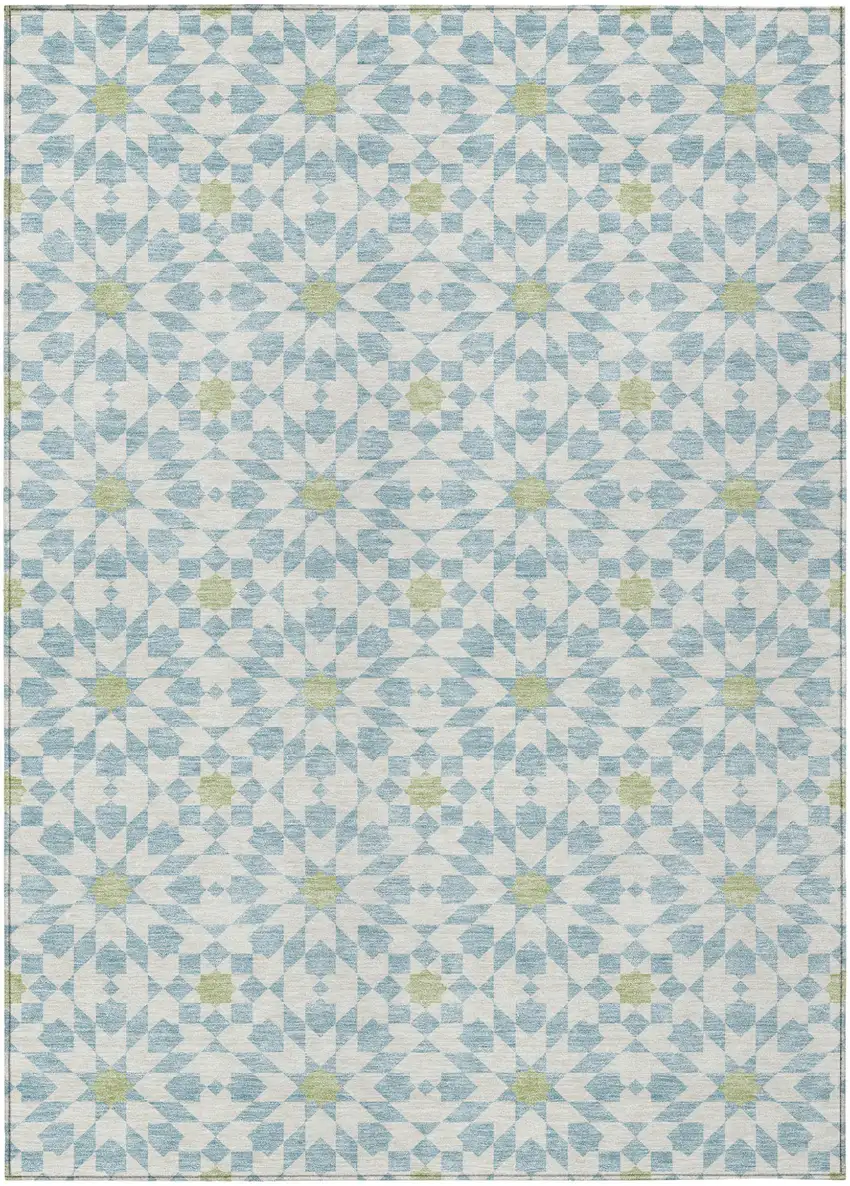 Sky Blue Ivory And Artichoke Green Floral Medallion Washable Indoor Outdoor Area Rug Photo 1