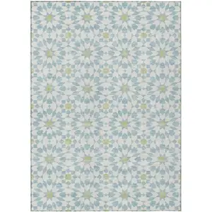 Photo of Sky Blue Ivory And Artichoke Green Floral Medallion Washable Indoor Outdoor Area Rug