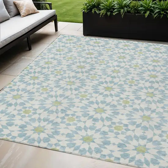 Sky Blue Ivory And Artichoke Green Floral Medallion Washable Indoor Outdoor Area Rug Photo 1
