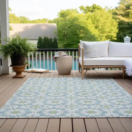 Sky Blue Ivory And Artichoke Green Floral Medallion Washable Indoor Outdoor Area Rug Photo 9