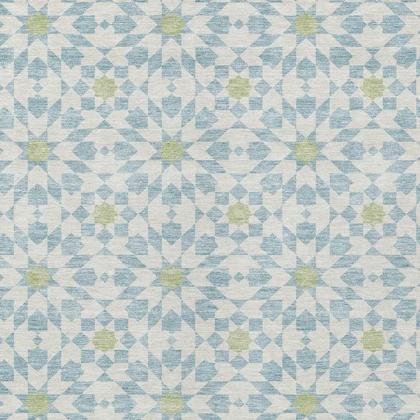 Sky Blue Ivory And Artichoke Green Floral Medallion Washable Indoor Outdoor Area Rug Photo 5