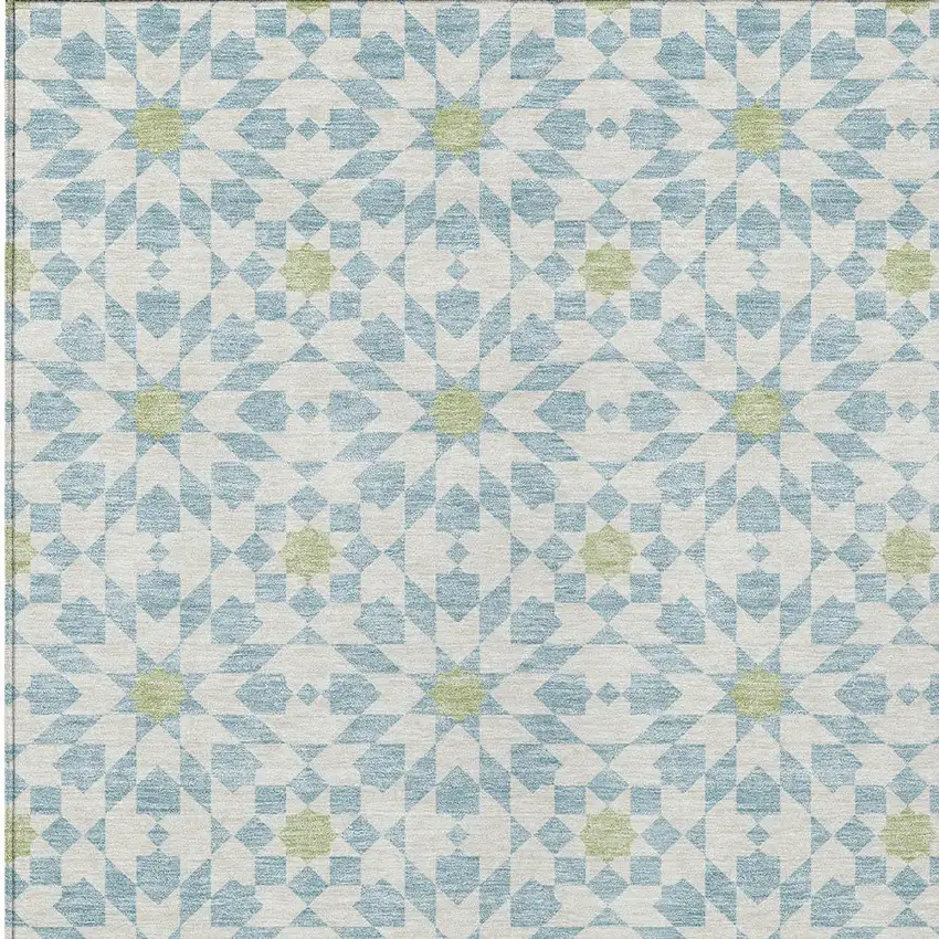 Sky Blue Ivory And Artichoke Green Floral Medallion Washable Indoor Outdoor Area Rug Photo 6