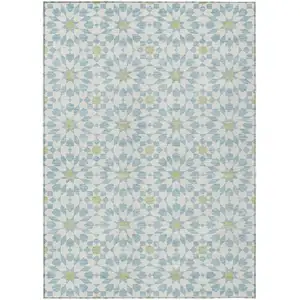 Photo of Sky Blue Ivory And Artichoke Green Floral Medallion Washable Indoor Outdoor Area Rug