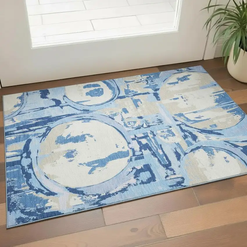 Sky Blue Ivory And Beige Geometric Washable Area Rug With UV Protection Photo 1