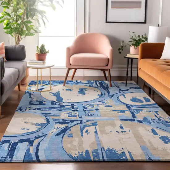 Sky Blue Ivory And Beige Geometric Washable Area Rug With UV Protection Photo 5