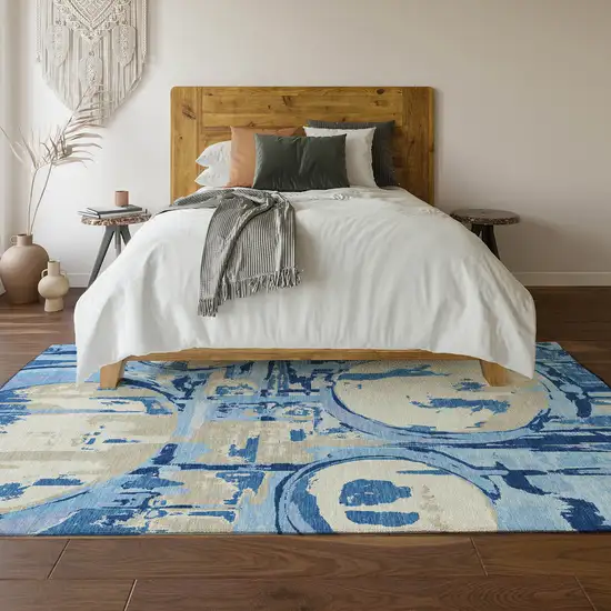 Sky Blue Ivory And Beige Geometric Washable Area Rug With UV Protection Photo 6