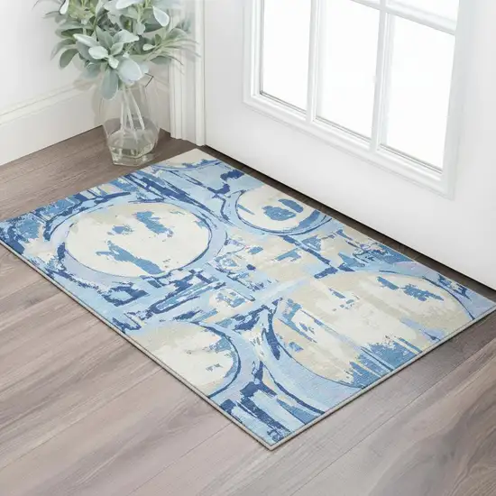 Sky Blue Ivory And Beige Geometric Washable Area Rug With UV Protection Photo 2