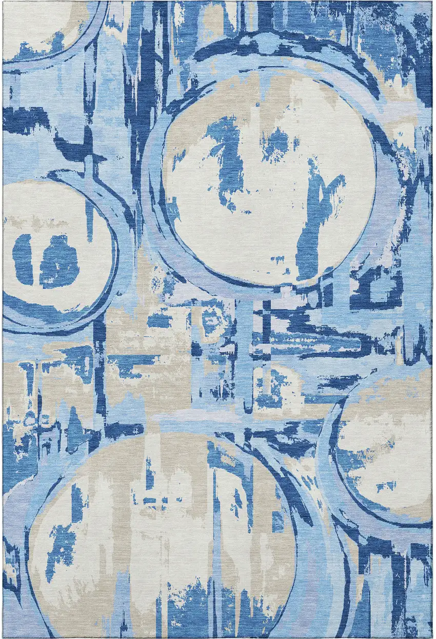 Sky Blue Ivory And Beige Geometric Washable Area Rug With UV Protection Photo 4