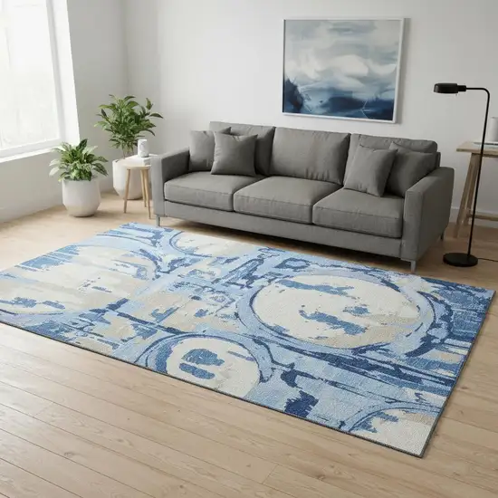 Sky Blue Ivory And Beige Geometric Washable Area Rug With UV Protection Photo 2