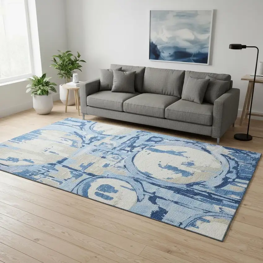 Sky Blue Ivory And Beige Geometric Washable Area Rug With UV Protection Photo 2