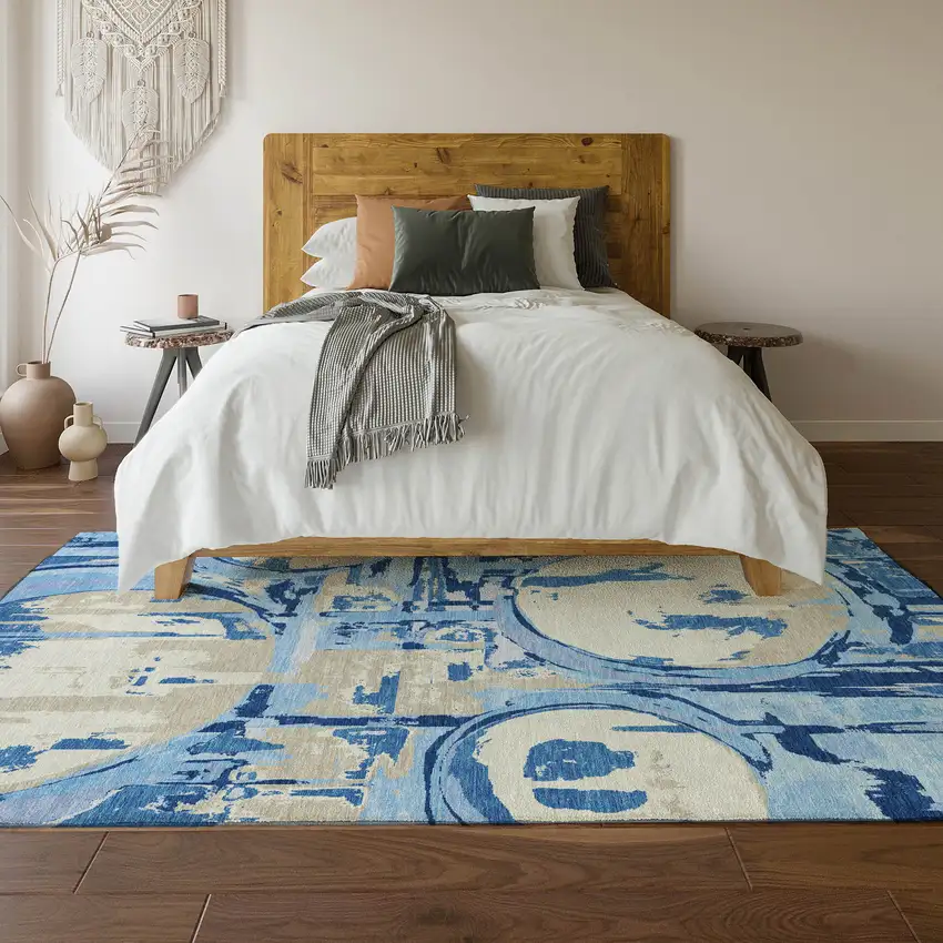 Sky Blue Ivory And Beige Geometric Washable Area Rug With UV Protection Photo 6