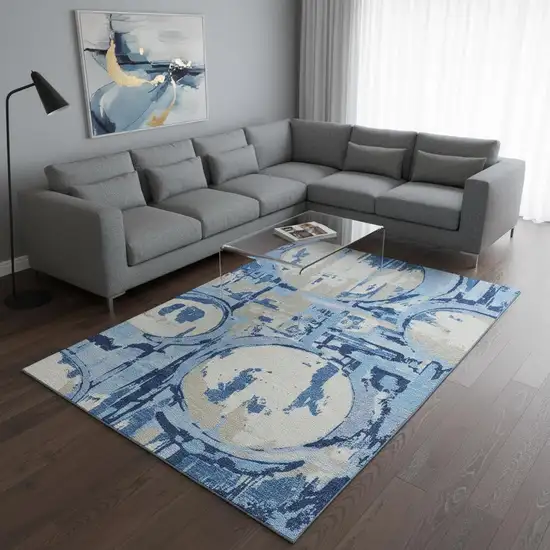 Sky Blue Ivory And Beige Geometric Washable Area Rug With UV Protection Photo 2