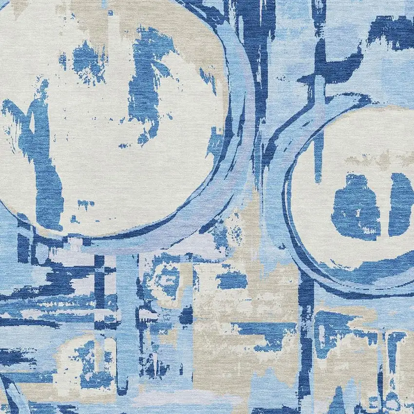 Sky Blue Ivory And Beige Geometric Washable Area Rug With UV Protection Photo 3