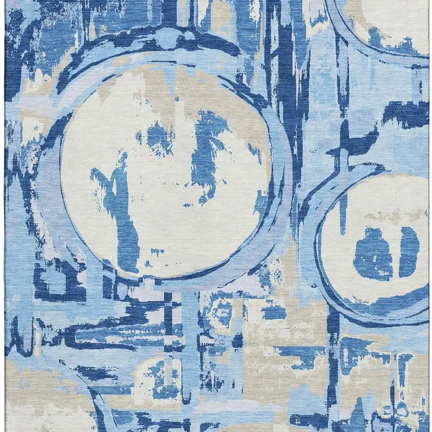 Sky Blue Ivory And Beige Geometric Washable Area Rug With UV Protection Photo 4