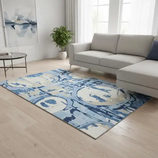 Sky Blue Ivory And Beige Geometric Washable Area Rug With UV Protection Photo 2