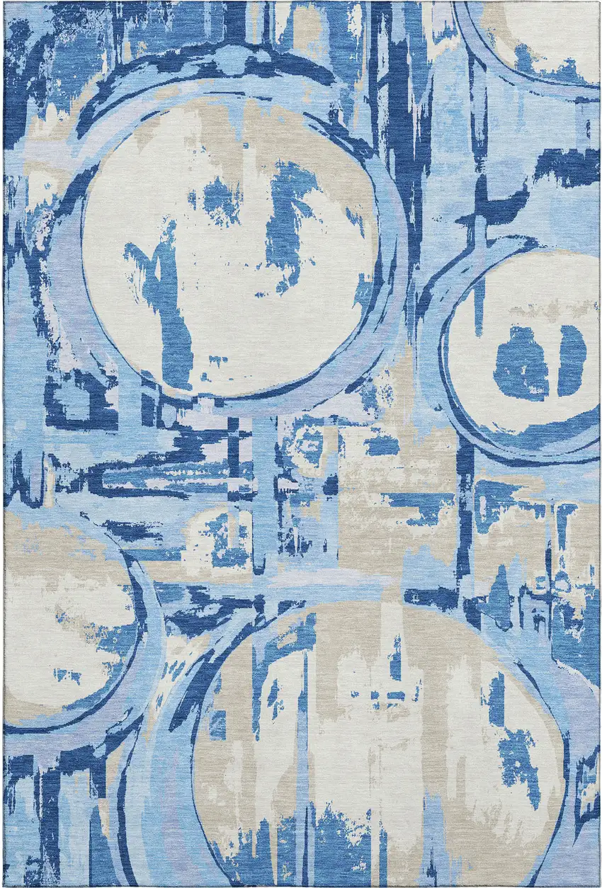 Sky Blue Ivory And Beige Geometric Washable Area Rug With UV Protection Photo 1