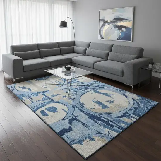 Sky Blue Ivory And Beige Geometric Washable Area Rug With UV Protection Photo 2
