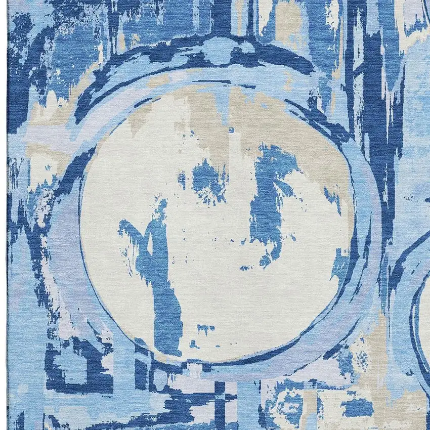 Sky Blue Ivory And Beige Geometric Washable Area Rug With UV Protection Photo 3