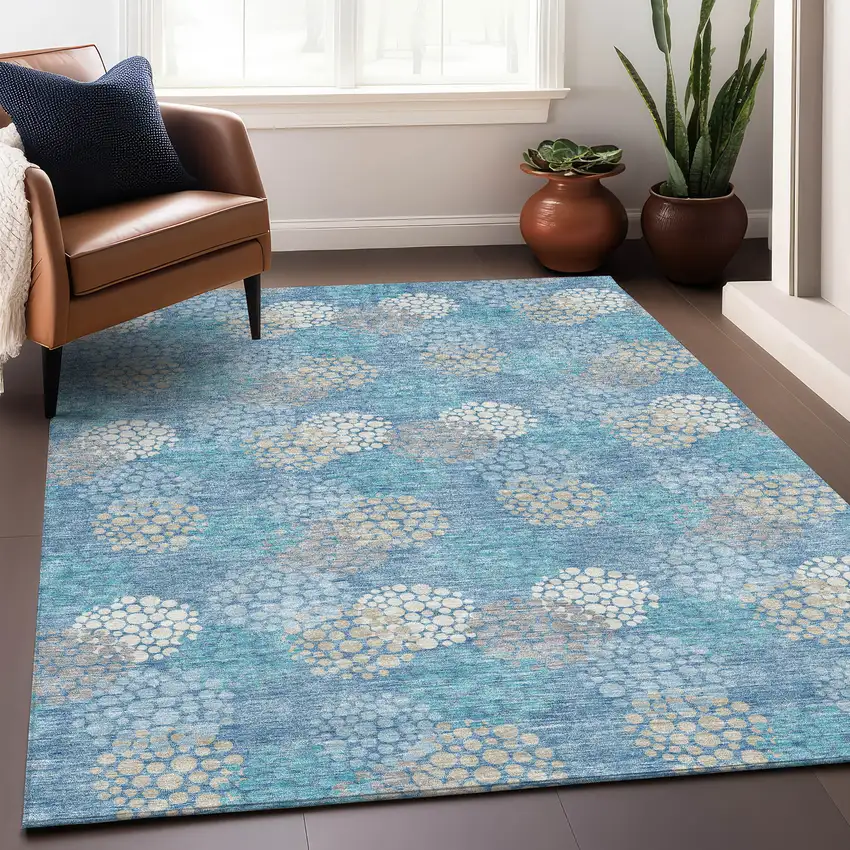 Sky Blue Ivory And Beige Polka Dot Washable Area Rug With UV Protection Photo 5