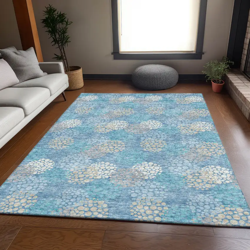 Sky Blue Ivory And Beige Polka Dot Washable Area Rug With UV Protection Photo 6
