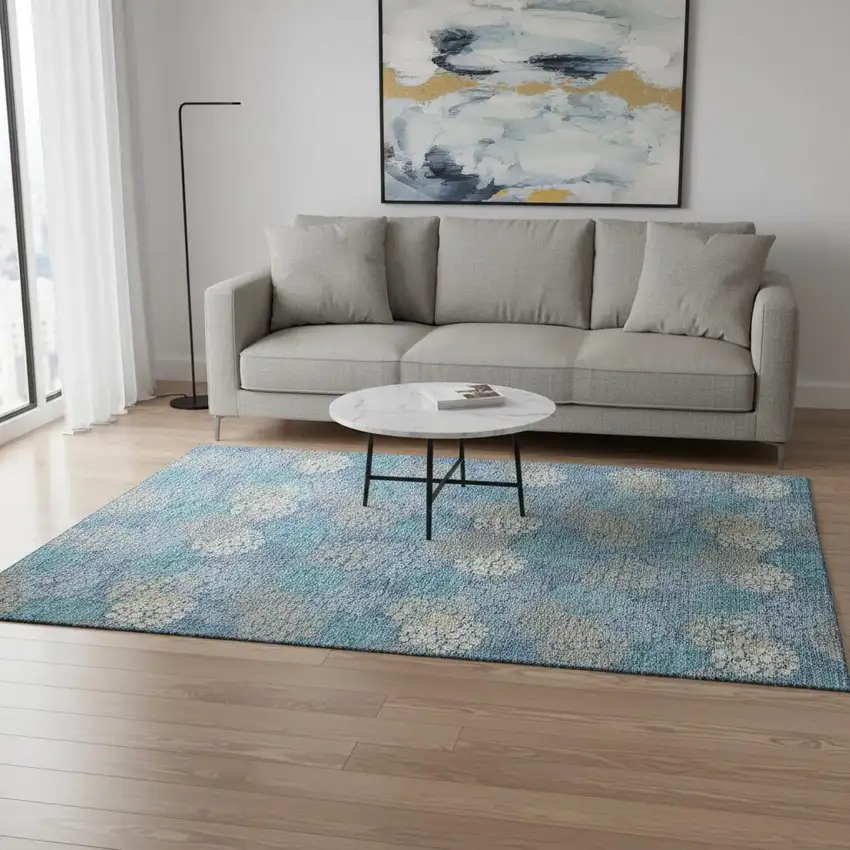 Sky Blue Ivory And Beige Polka Dot Washable Area Rug With UV Protection Photo 2