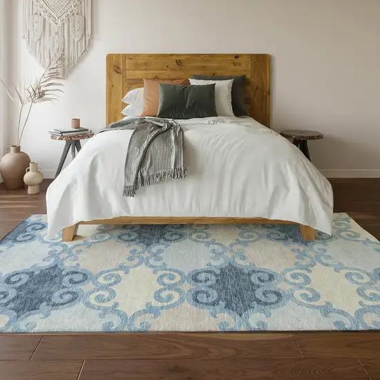 Sky Blue Ivory And Beige Trellis Washable Area Rug With UV Protection Photo 6