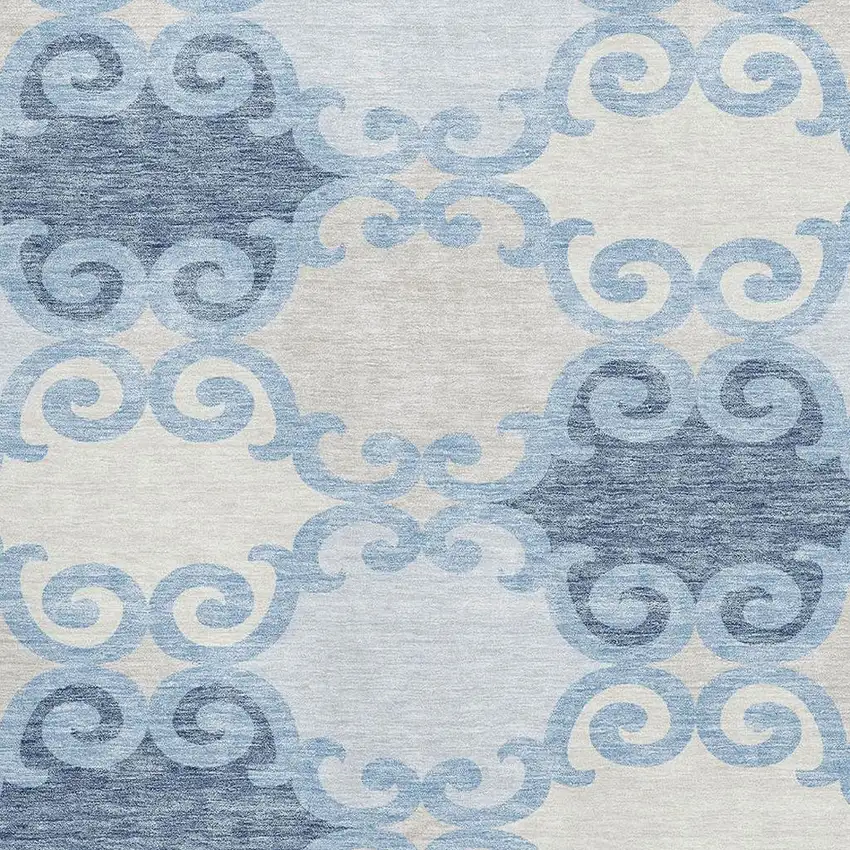 Sky Blue Ivory And Beige Trellis Washable Area Rug With UV Protection Photo 3