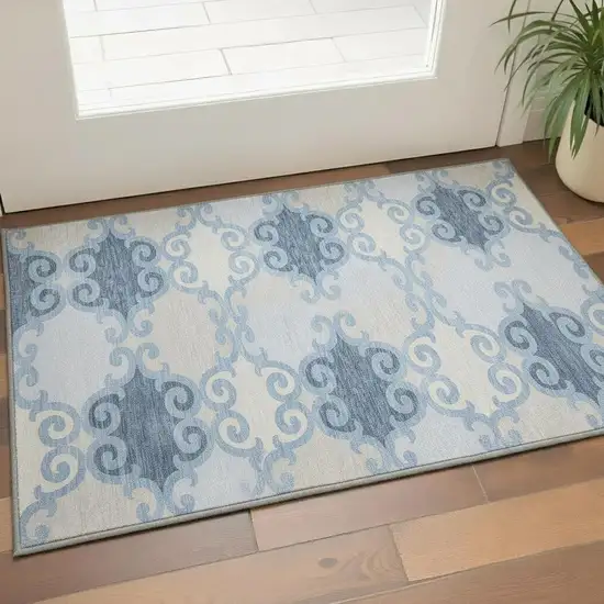 Sky Blue Ivory And Beige Trellis Washable Area Rug With UV Protection Photo 2