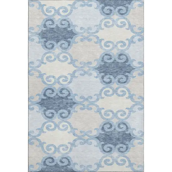 Sky Blue Ivory And Beige Trellis Washable Area Rug With UV Protection Photo 1