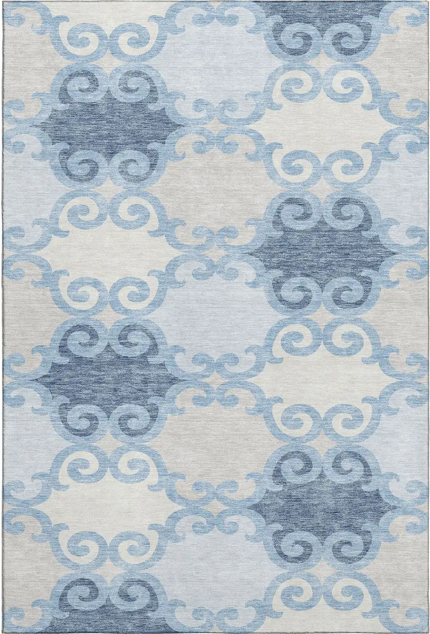 Sky Blue Ivory And Beige Trellis Washable Area Rug With UV Protection Photo 1