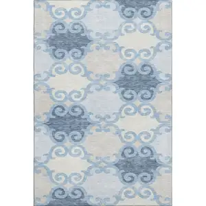 Photo of Sky Blue Ivory And Beige Trellis Washable Area Rug With UV Protection
