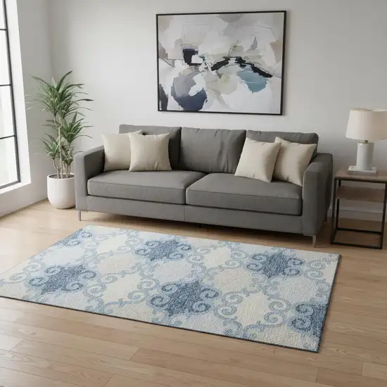 Sky Blue Ivory And Beige Trellis Washable Area Rug With UV Protection Photo 2